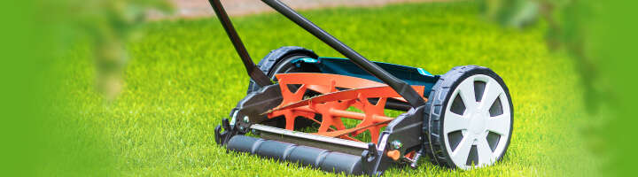 Ein Handrasenmäher auf grünem, gepflegtem Rasen im Hintergrund.